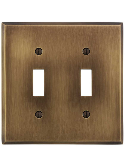 Alternate View of Traditional Forged Brass Double Toggle Switch Plate in Antique-by-Hand.