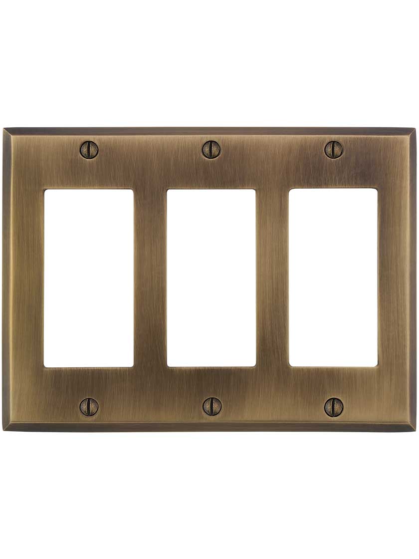 Alternate ViewJPG of Traditional Forged Brass Triple Gang GFI Cover Plate in Antique-by-Hand.
