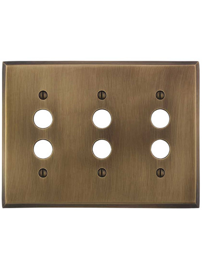 Alternate View of Traditional Forged Brass Triple Gang Push Button Switch Plate in Antique-by-Hand.