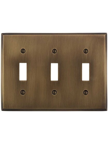 Alternate ViewJPG of Traditional Forged Brass Triple Toggle Switch Plate in Antique-by-Hand.