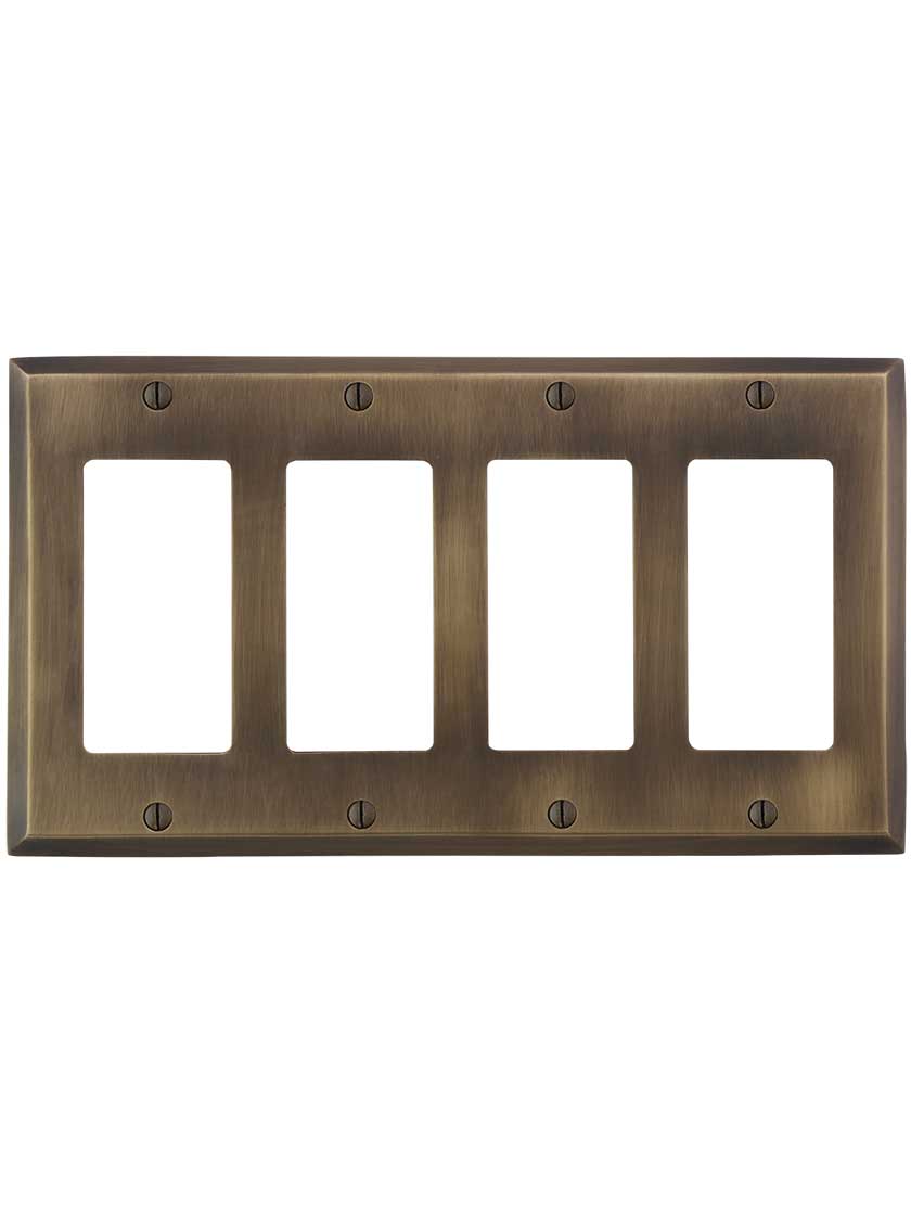 Alternate View of Traditional Forged Brass Quad Gang GFI Cover Plate in Antique-by-Hand.