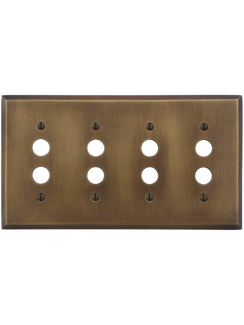Alternate View of Traditional Forged Brass Quad Gang Push Button Switch Plate in Antique-by-Hand.