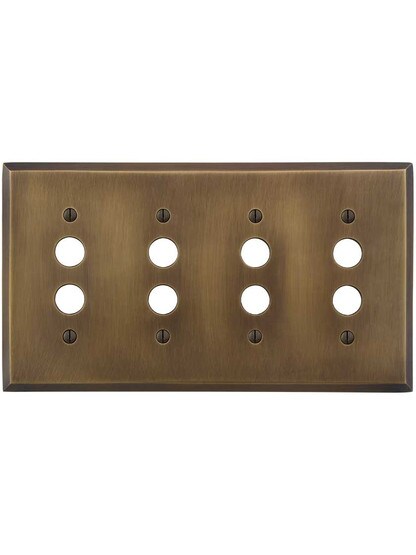 Alternate View of Traditional Forged Brass Quad Gang Push Button Switch Plate in Antique-by-Hand.