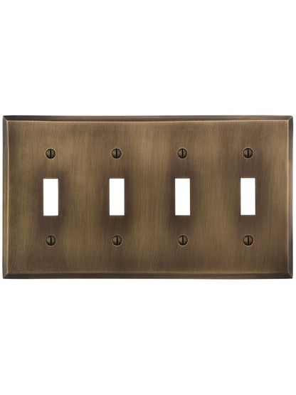 Alternate View of Traditional Forged Brass Quad Toggle Switch Plate in Antique-by-Hand.