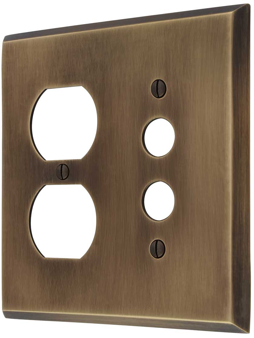 Traditional Forged Brass Push Button / Duplex Combination Switch Plate in Antique-by-Hand.