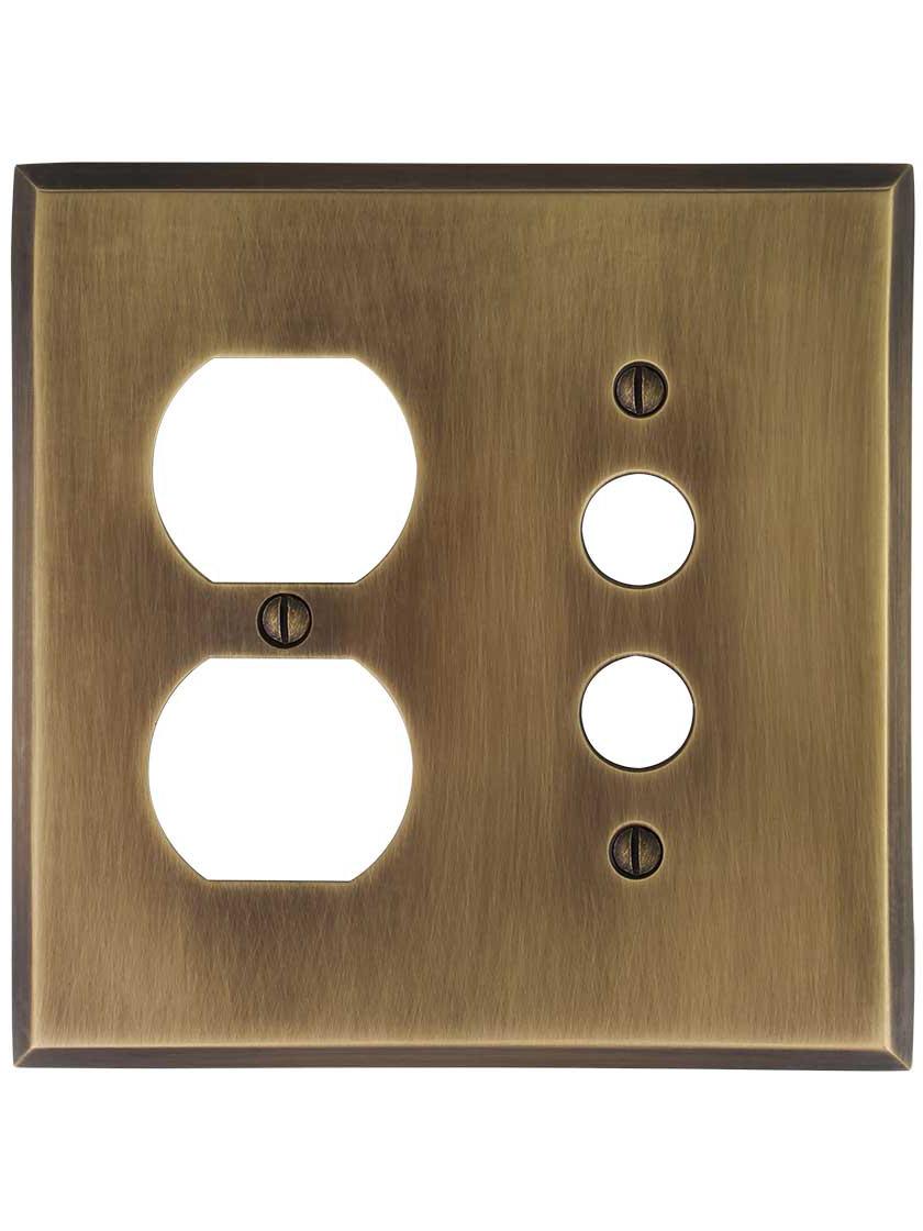 Alternate View of Traditional Forged Brass Push Button / Duplex Combination Switch Plate in Antique-by-Hand.