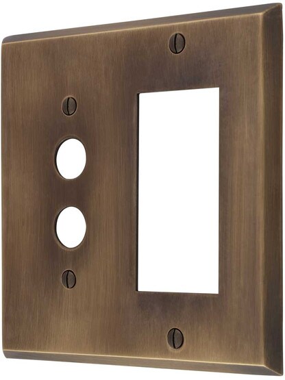 Traditional Forged Brass Push Button / GFI Combination Switch Plate in Antique-by-Hand.