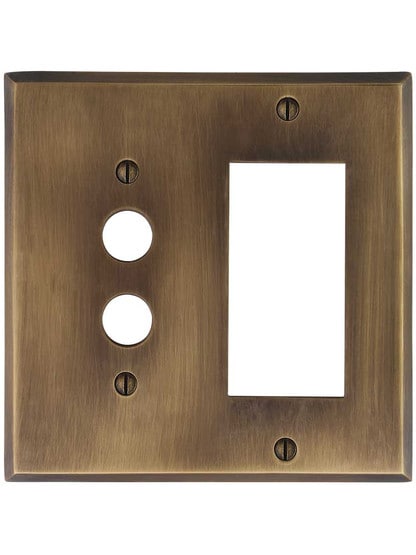 Alternate View of Traditional Forged Brass Push Button / GFI Combination Switch Plate in Antique-by-Hand.