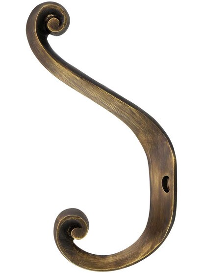 Alternate View of Large Scroll Design Brass Hook In Antique-By-Hand