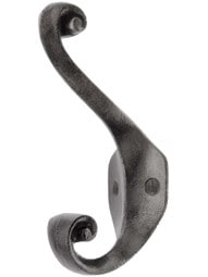 Cast Iron Double Coat Hook with Leaf Backplate - Black Powder Coat