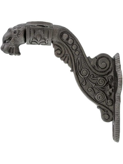 Alternate View of Lion Head Handrail Bracket in Lacquered Iron.