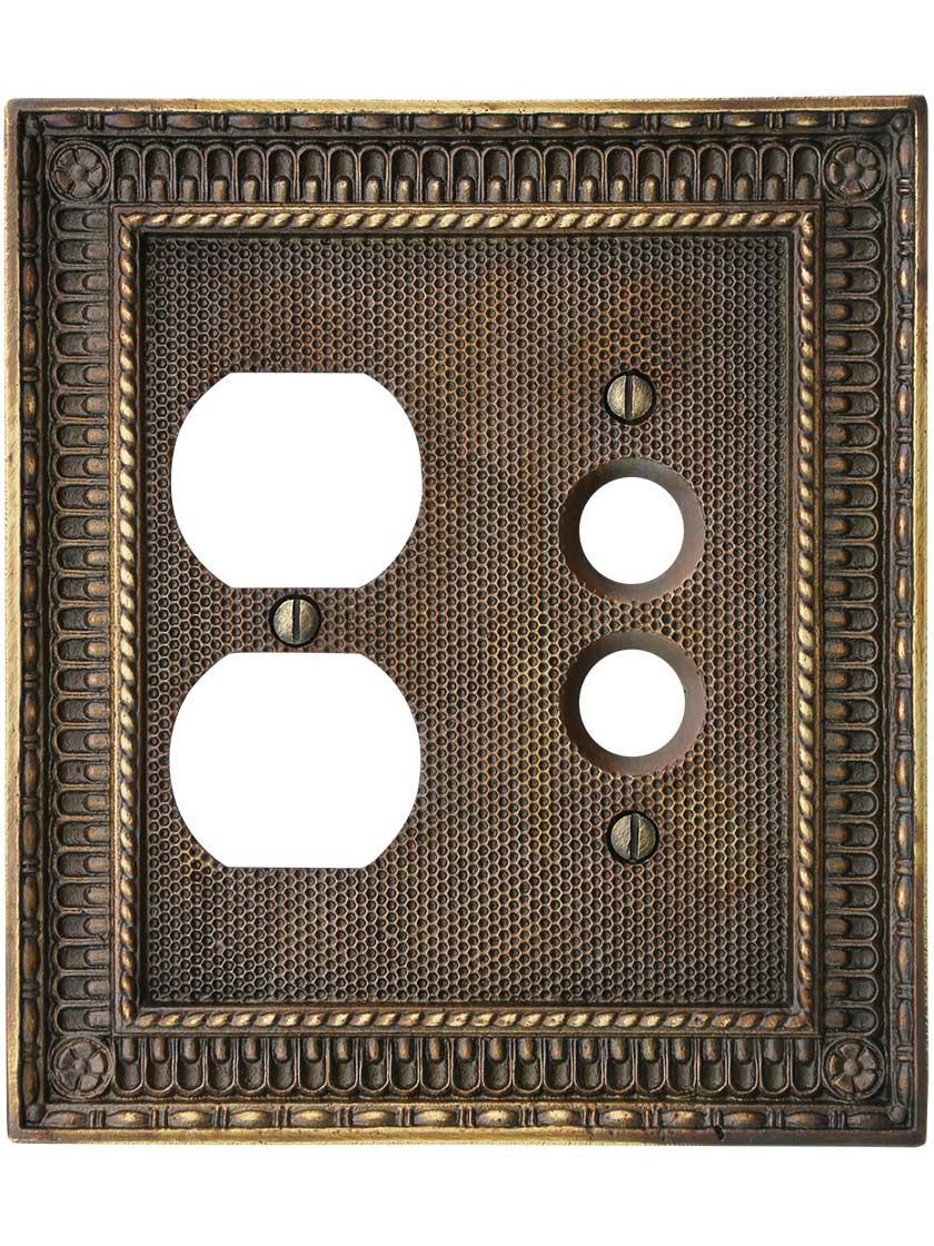 Alternate View of Pisano Push Button / Duplex Combination Switch Plate In Antique-By-Hand.