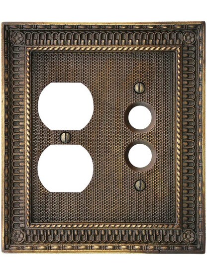 Alternate View of Pisano Push Button / Duplex Combination Switch Plate In Antique-By-Hand.