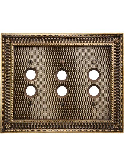 Alternate View of Pisano Triple Gang Push Button Switch Plate In Antique-By-Hand.