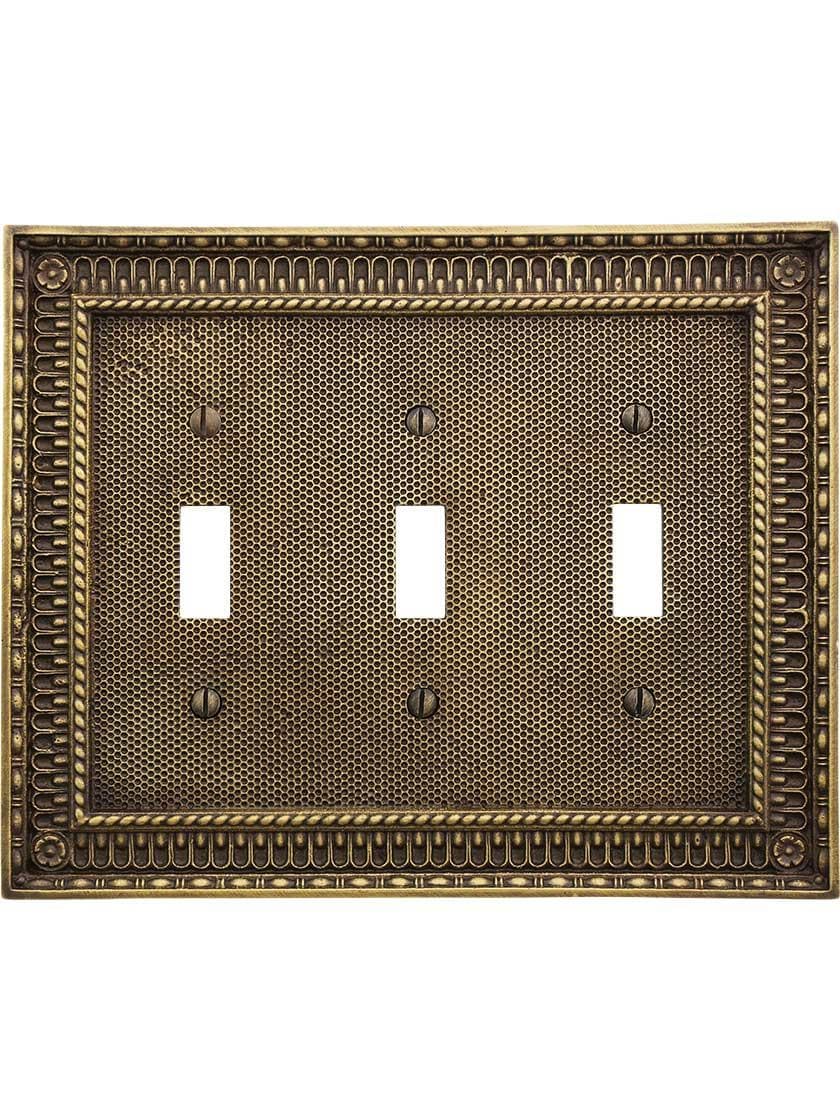 Alternate View of Pisano Triple Gang Toggle Switch Plate In Antique-By-Hand.