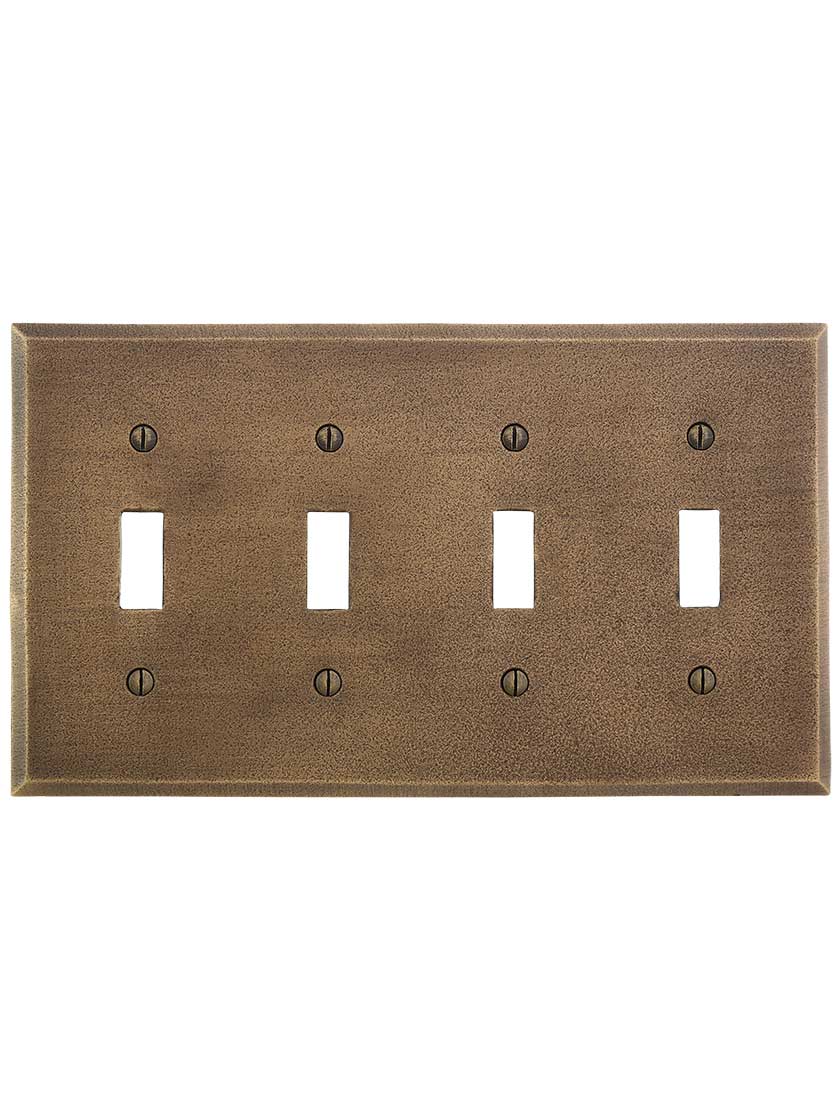 Alternate View of Distressed Bronze Quad-Gang Toggle Switch Plate.