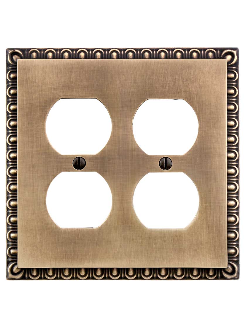 Alternate View of Ovolo Double Gang Duplex Outlet Cover Plate in Antique-By-Hand.