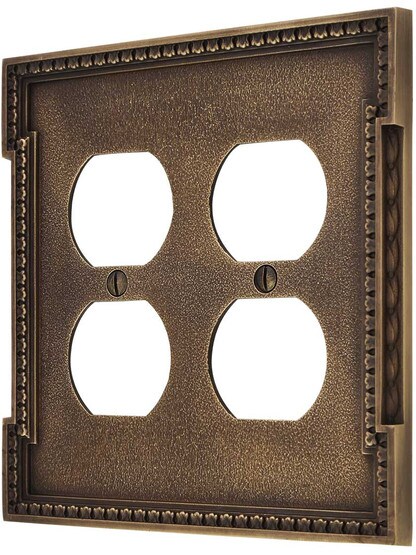 Neoclassical Double Gang Duplex Outlet Cover in Antique-By-Hand.