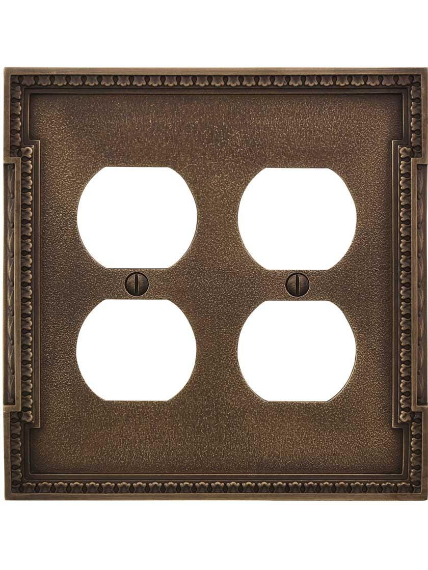 Alternate View of Neoclassical Double Gang Duplex Outlet Cover in Antique-By-Hand.