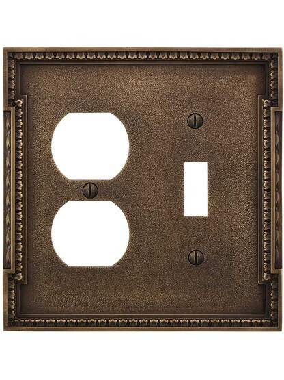 Alternate View of Neoclassical Toggle / Duplex Combination Switch Plate in Antique-By-Hand.