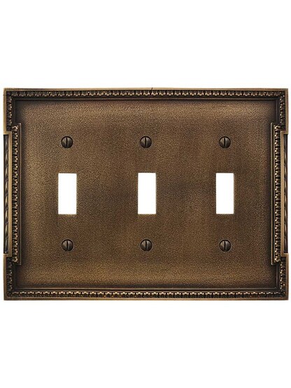 Alternate View of Neoclassical Triple Gang Toggle Switch Plate in Antique-By-Hand.