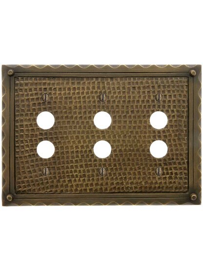 Alternate View of Bungalow Style Triple Push Button Switch Plate In Solid Cast Brass.