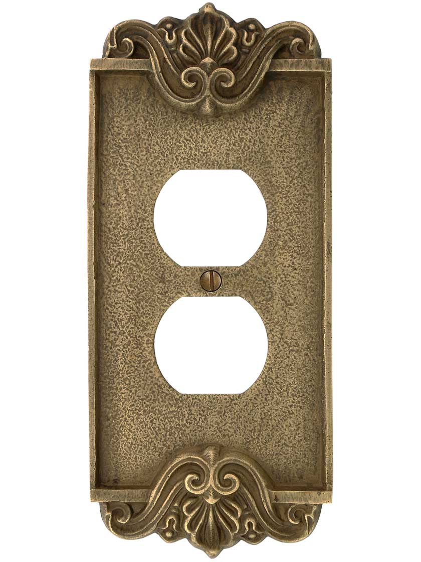 Alternate View of Art Nouveau Single Duplex Cover Plate In Antique-By-Hand Finish.
