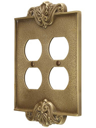Art Nouveau Double Duplex Outlet Cover Plate In Antique-By-Hand Finish.