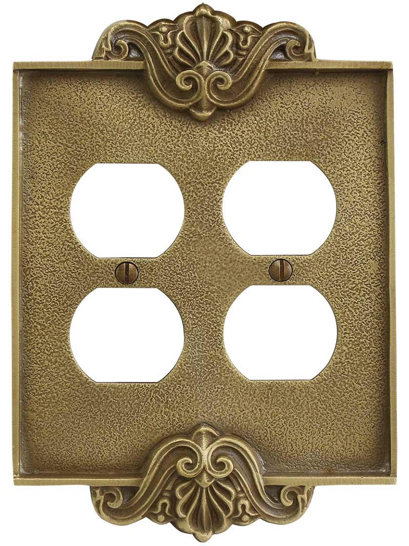 Alternate View of Art Nouveau Double Duplex Outlet Cover Plate In Antique-By-Hand Finish.