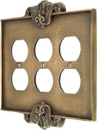 Art Nouveau Triple Outlet Cover Plate In Antique-By-Hand Finish.