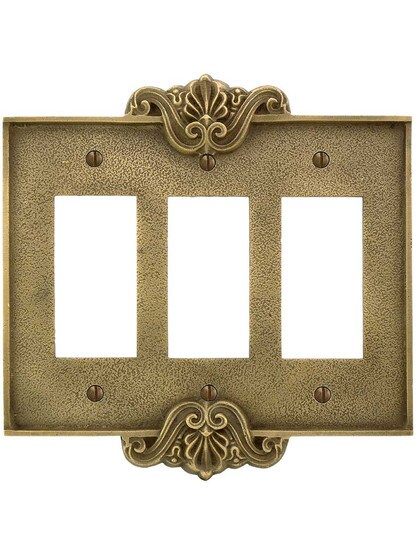 Alternate View of Art Nouveau Triple GFI Cover Plate In Antique-By-Hand Finish.