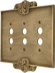 Art Nouveau Triple Push Button Cover Plate In Antique-By-Hand Finish.