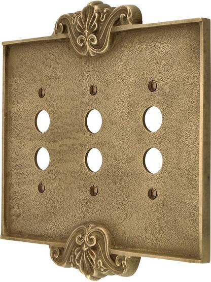 Art Nouveau Triple Push Button Cover Plate In Antique-By-Hand Finish.