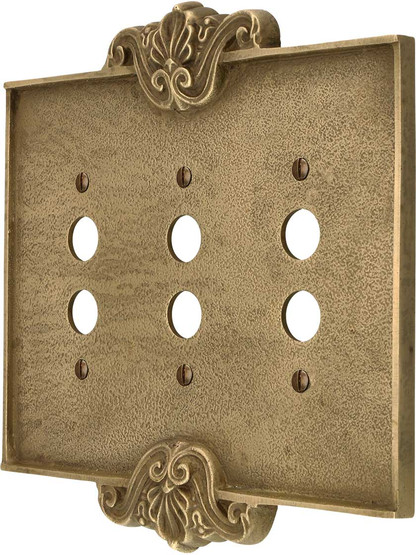 Art Nouveau Triple Push Button Cover Plate In Antique-By-Hand Finish.