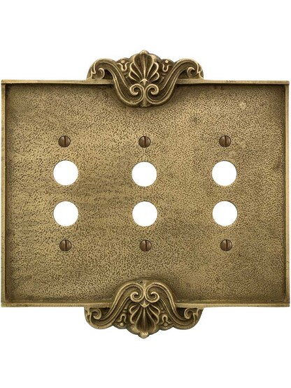 Alternate View of Art Nouveau Triple Push Button Cover Plate In Antique-By-Hand Finish.