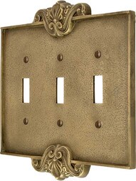 Art Nouveau Triple Toggle Cover Plate In Antique-By-Hand Finish.