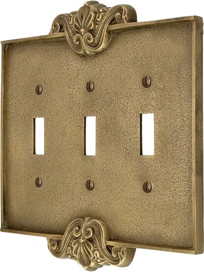 Art Nouveau Triple Toggle Cover Plate In Antique-By-Hand Finish.