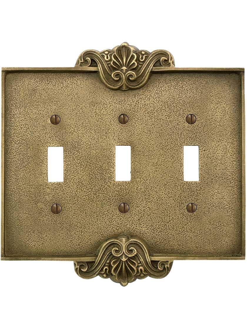 Alternate View of Art Nouveau Triple Toggle Cover Plate In Antique-By-Hand Finish.