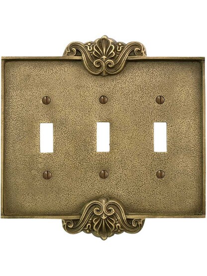 Alternate View of Art Nouveau Triple Toggle Cover Plate In Antique-By-Hand Finish.