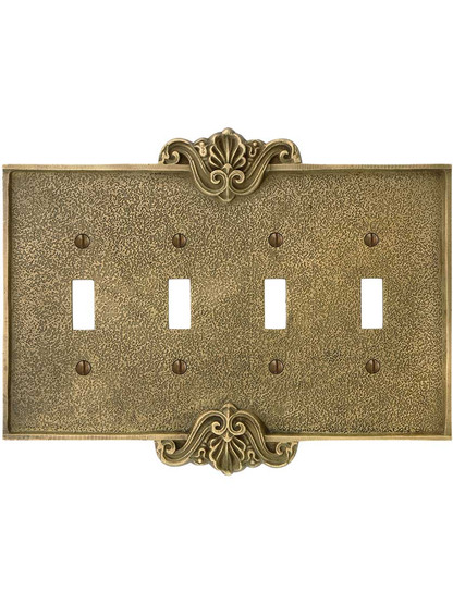 Alternate View of Art Nouveau Quad Gang Toggle Switch Plate In Antique-By-Hand Finish.
