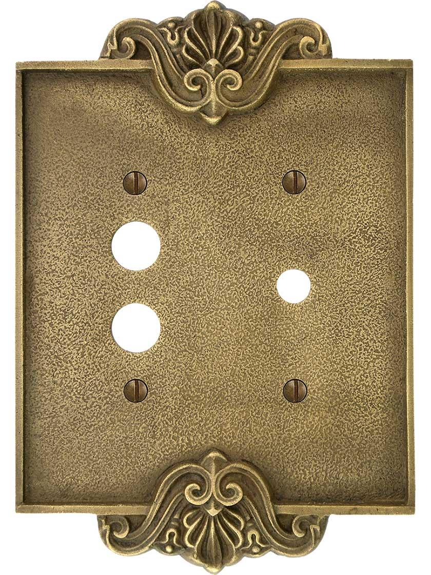 Alternate View of Art Nouveau Push Button/Rotary Dimmer Combination Switch Plate In Antique-By-Hand.