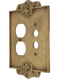 Art Nouveau Push Button / Duplex Combination Switch Plate In Antique-By-Hand Finish.