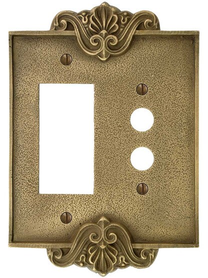 Alternate View of Art Nouveau Push Button / GFI Combination Switch Plate In Antique-By-Hand Finish.