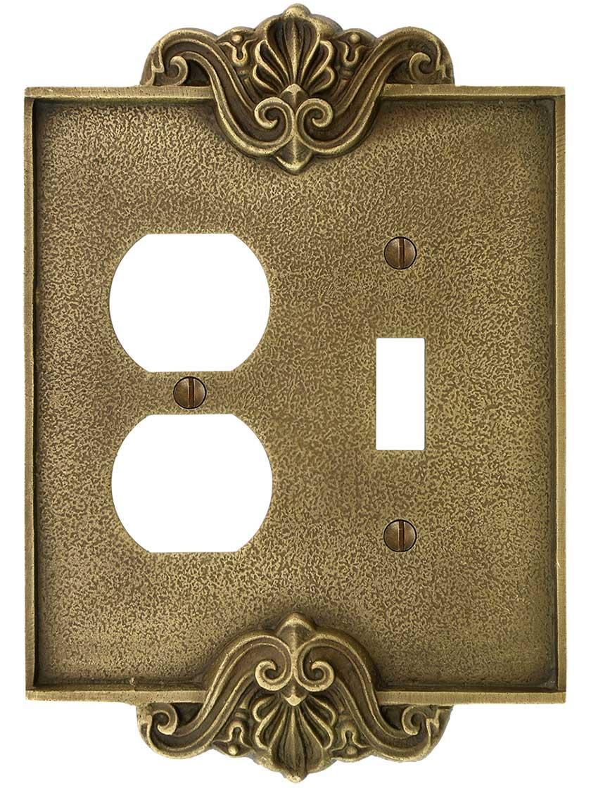 Alternate View of Art Nouveau Toggle / Duplex Combination Switch Plate In Antique-By-Hand Finish.