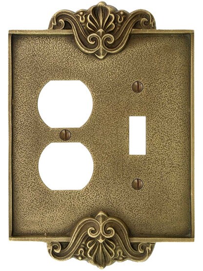 Alternate View of Art Nouveau Toggle / Duplex Combination Switch Plate In Antique-By-Hand Finish.