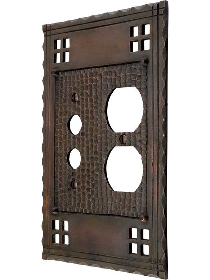 Arts and Crafts Push Button / Duplex Combination Switch Plate In Oil-Rubbed Bronze.