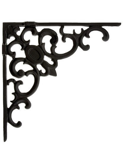 Ornate Fleur De Lis Shelf Bracket In Matte Black - 9 3/8 inch x 9 3/8 inch.