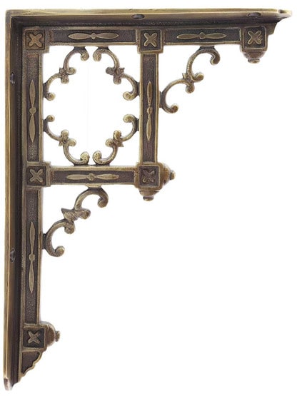 Brass Gothic-Style Shelf Bracket in Antique-By-Hand - 9 1/4 inch x 6 3/4 inch.