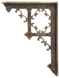 Brass Gothic-Style Shelf Bracket in Antique-By-Hand - 9 1/4 inch x 6 3/4 inch.