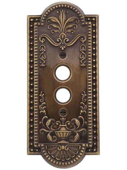 Alternate View of Como Single Push Button Switch Plate in Antique-By-Hand.